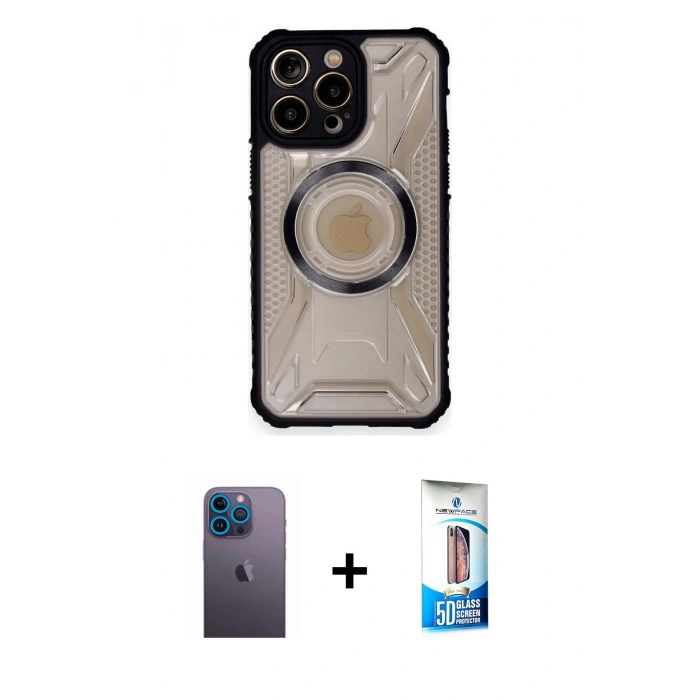MARSİLYAN™- iPhone 12 Pro Max Kılıf Kutup Modern - Siyah 5D Eko Cam Ekran Koruyucu + Neon Fosforlu Kamera Lens - MI