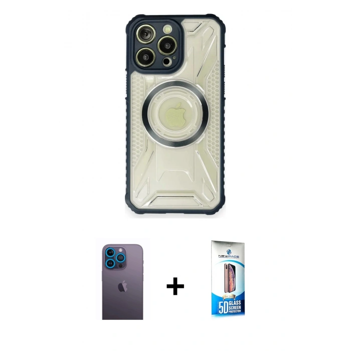 MARSİLYAN™- iPhone 12 Pro Max Kılıf Kutup Modern - Siyah 5D Eko Cam Ekran Koruyucu + Neon Fosforlu Kamera Lens - MI
