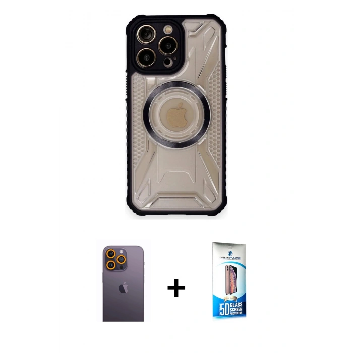 MARSİLYAN™- iPhone 12 Pro Max Kılıf Kutup Modern - Siyah 5D Eko Cam Ekran Koruyucu + Neon Fosforlu Kamera Lens - SI