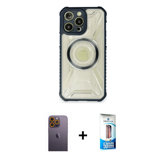 MARSİLYAN™- iPhone 12 Pro Max Kılıf Kutup Modern - Siyah 5D Eko Cam Ekran Koruyucu + Neon Fosforlu Kamera Lens - SI