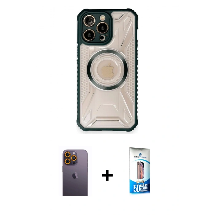 MARSİLYAN™- iPhone 12 Pro Max Kılıf Kutup Modern - Siyah 5D Eko Cam Ekran Koruyucu + Neon Fosforlu Kamera Lens - SI