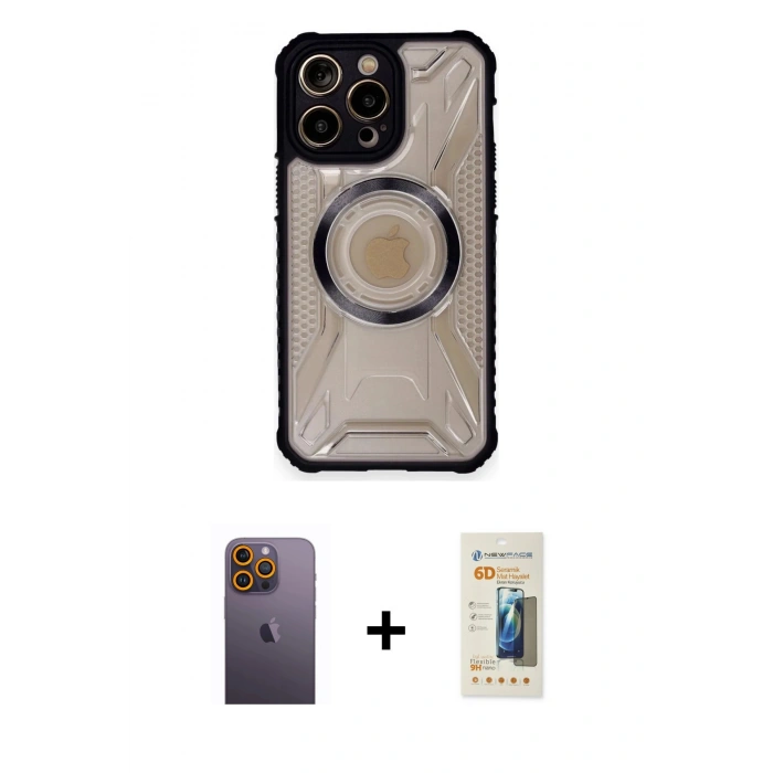 MARSİLYAN™- iPhone 12 Pro Max Kılıf Kutup Modern - Siyah 6D Mat Seramik Hayalet Nano Ekran Koruyucu + Neon Fosforlu Kamera Lens - SI