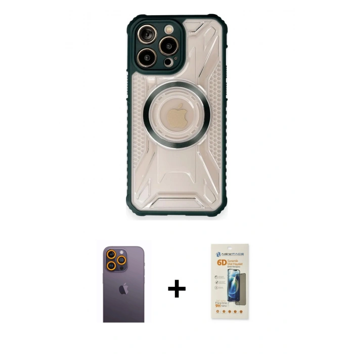 MARSİLYAN™- iPhone 12 Pro Max Kılıf Kutup Modern - Siyah 6D Mat Seramik Hayalet Nano Ekran Koruyucu + Neon Fosforlu Kamera Lens - SI