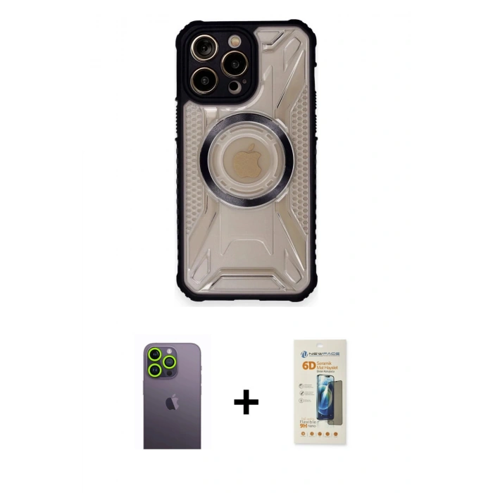 MARSİLYAN™- iPhone 12 Pro Max Kılıf Kutup Modern - Siyah 6D Mat Seramik Hayalet Nano Ekran Koruyucu + Neon Fosforlu Kamera Lens - YL