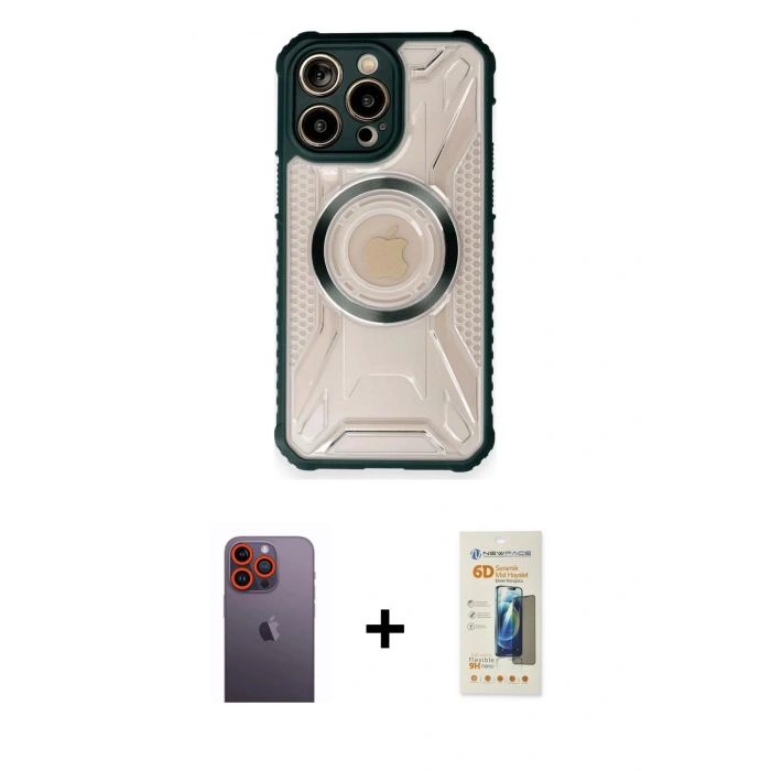 MARSİLYAN™- iPhone 12 Pro Max Kılıf Kutup Modern - Siyah 6D Mat Seramik Hayalet Nano Ekran Koruyucu + Neon Fosforlu Kamera Lens - TU