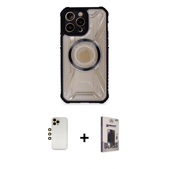MARSİLYAN™- iPhone 12 Pro Max Kılıf Kutup Modern - Siyah Bilvis Hayalet Cam Ekran Koruyucu + Shine Kamera Lens - GD