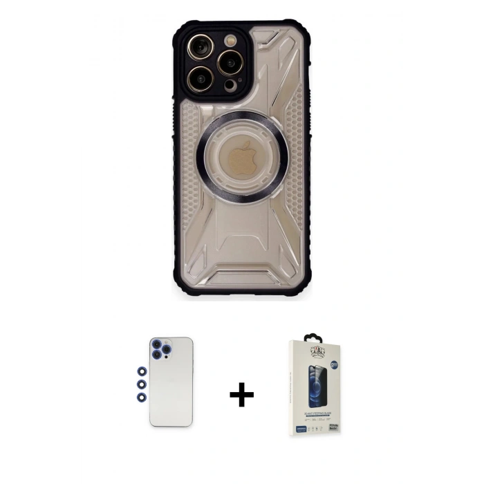 MARSİLYAN™- iPhone 12 Pro Max Kılıf Kutup Modern - Siyah Bilvis Hayalet Cam Ekran Koruyucu + Shine Kamera Lens - LT