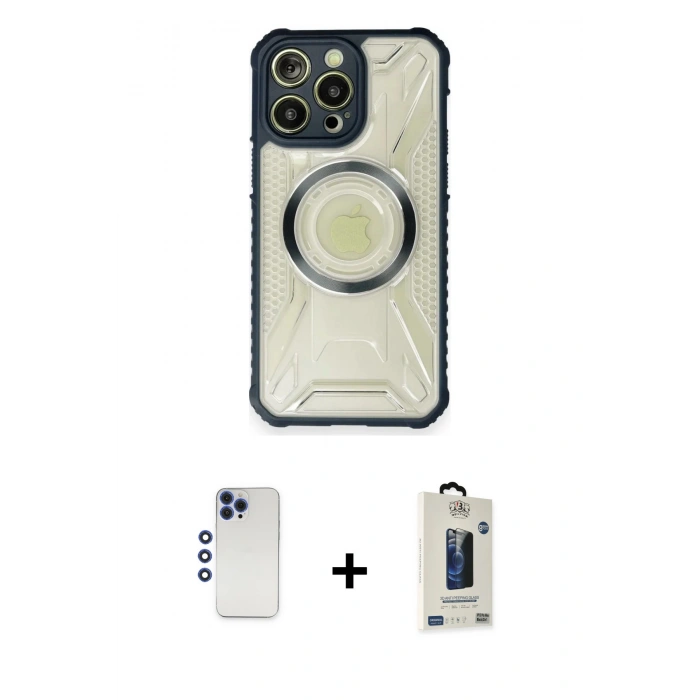 MARSİLYAN™- iPhone 12 Pro Max Kılıf Kutup Modern - Siyah Bilvis Hayalet Cam Ekran Koruyucu + Shine Kamera Lens - LT