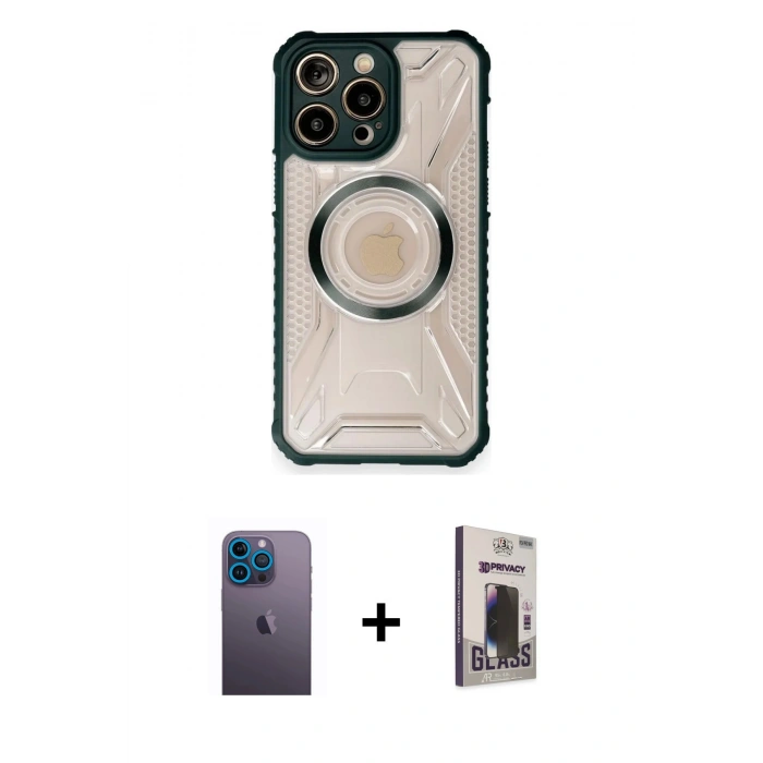 MARSİLYAN™- iPhone 12 Pro Max Kılıf Kutup Modern - Siyah Bilvis Hayalet Cam Ekran Koruyucu + Neon Fosforlu Kamera Lens - MI
