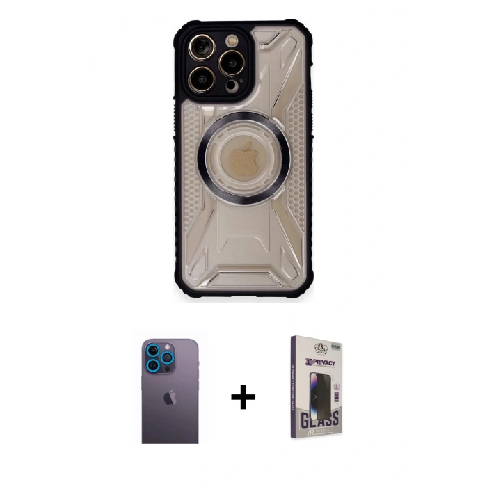 MARSİLYAN™- iPhone 12 Pro Max Kılıf Kutup Modern - Siyah Bilvis Hayalet Cam Ekran Koruyucu + Neon Fosforlu Kamera Lens - MI