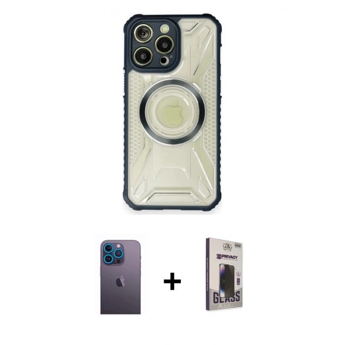 MARSİLYAN™- iPhone 12 Pro Max Kılıf Kutup Modern - Siyah Bilvis Hayalet Cam Ekran Koruyucu + Neon Fosforlu Kamera Lens - MI