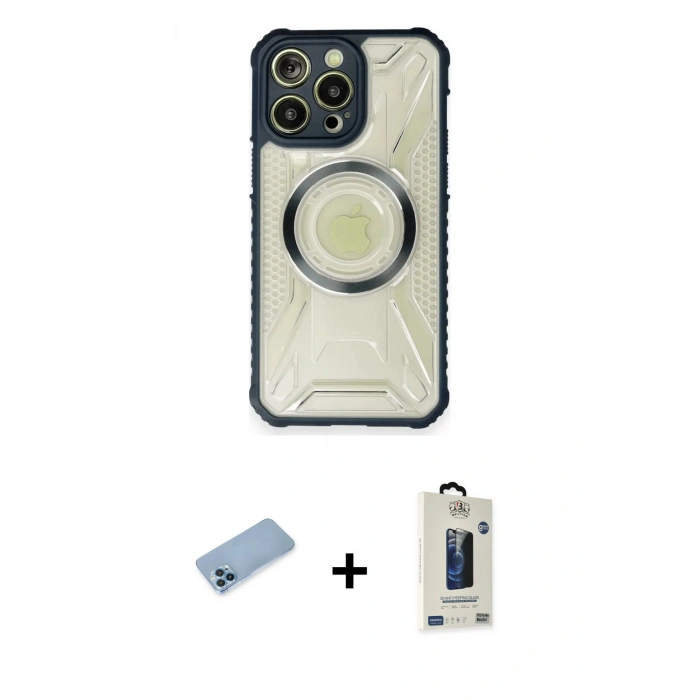 MARSİLYAN™- iPhone 12 Pro Max Kılıf Kutup Modern - Siyah Bilvis Hayalet Cam Ekran Koruyucu + Shine Kamera Lens Koruma Cam - MI
