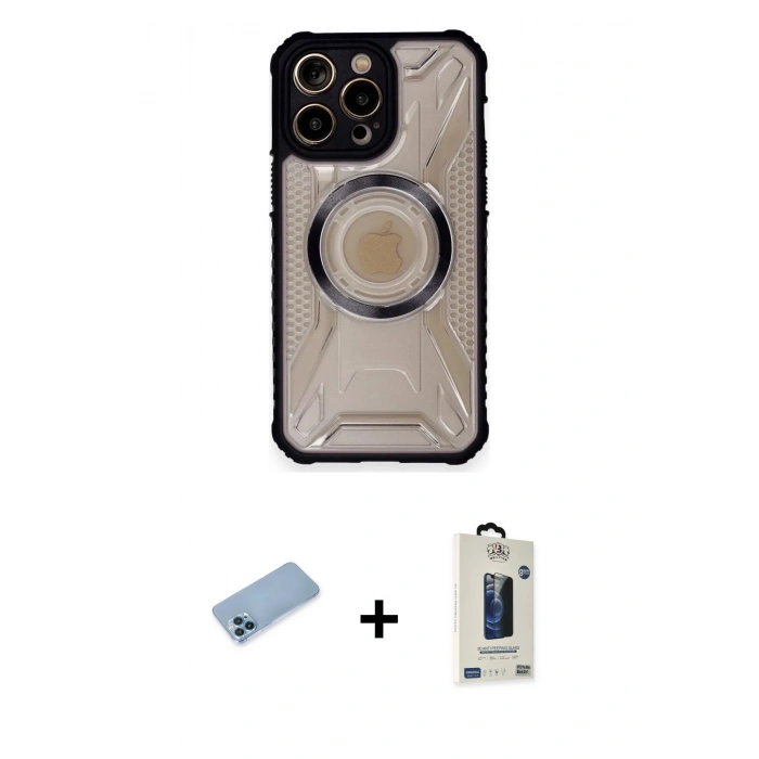 MARSİLYAN™- iPhone 12 Pro Max Kılıf Kutup Modern - Siyah Bilvis Hayalet Cam Ekran Koruyucu + Shine Kamera Lens Koruma Cam - MI