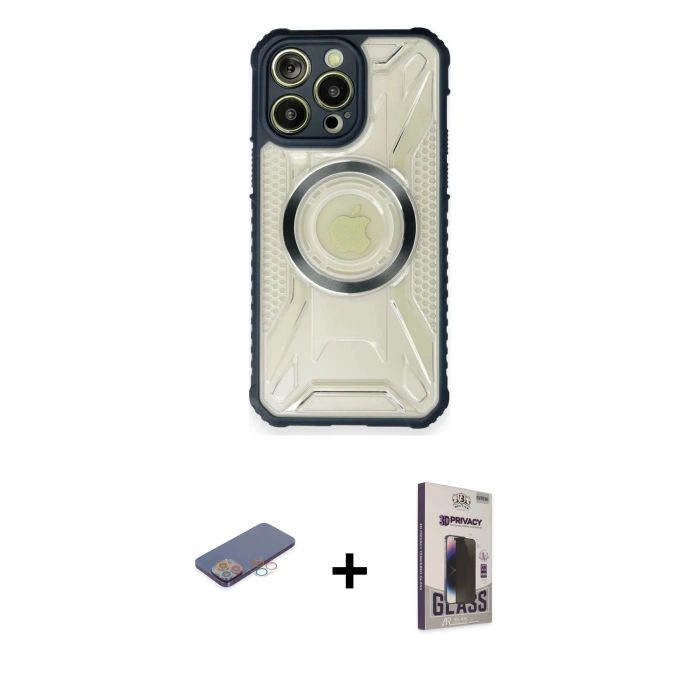 MARSİLYAN™- iPhone 12 Pro Max Kılıf Kutup Modern - Siyah Bilvis Hayalet Cam Ekran Koruyucu + Renkli Kamera Lens Koruma Cam - PE