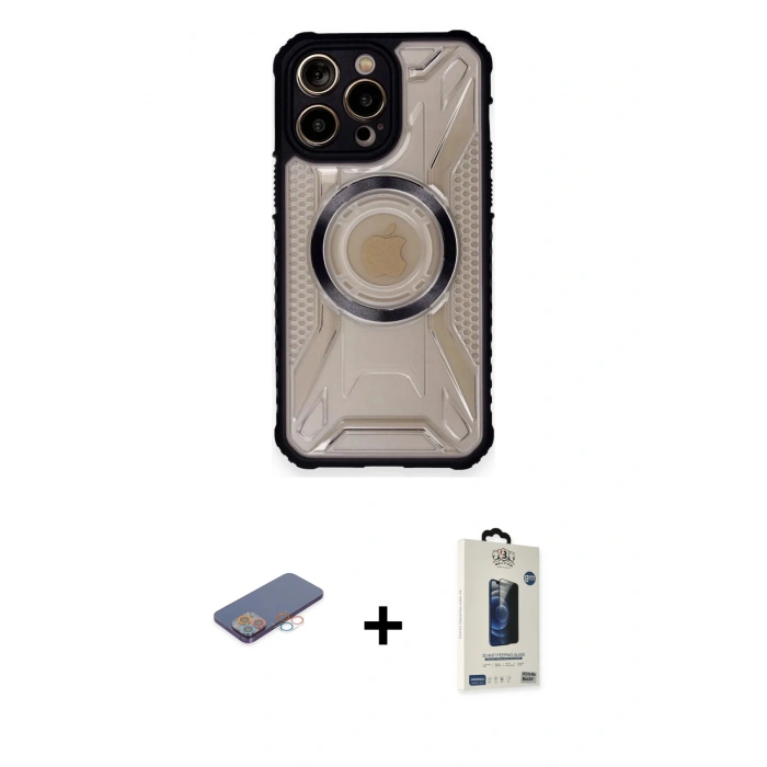 MARSİLYAN™- iPhone 12 Pro Max Kılıf Kutup Modern - Siyah Bilvis Hayalet Cam Ekran Koruyucu + Renkli Kamera Lens Koruma Cam - PE