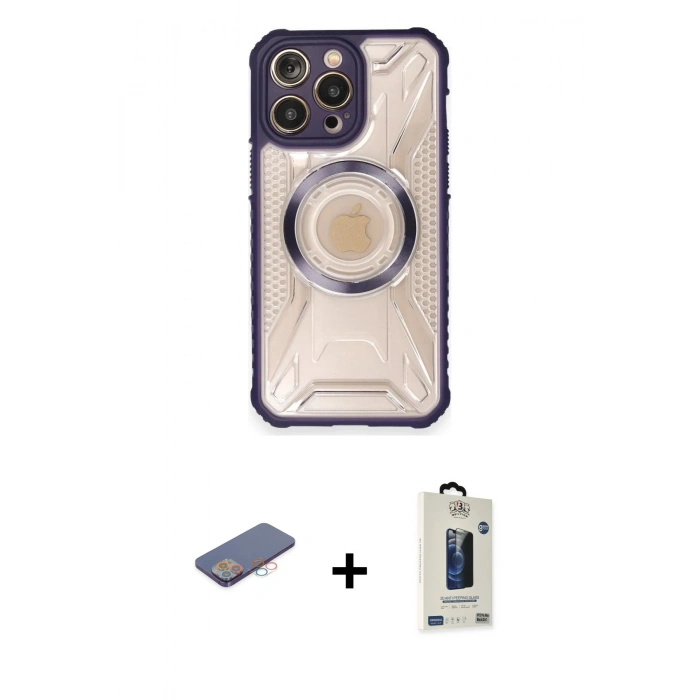 MARSİLYAN™- iPhone 12 Pro Max Kılıf Kutup Modern - Siyah Bilvis Hayalet Cam Ekran Koruyucu + Renkli Kamera Lens Koruma Cam - PE