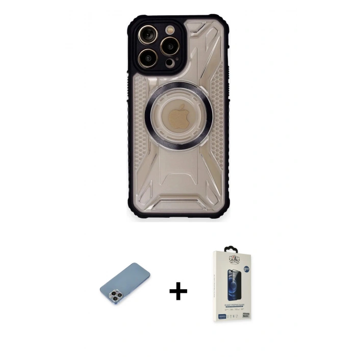 MARSİLYAN™- iPhone 12 Pro Max Kılıf Kutup Modern - Siyah Bilvis Hayalet Cam Ekran Koruyucu + Shine Kamera Lens Koruma Cam - GI