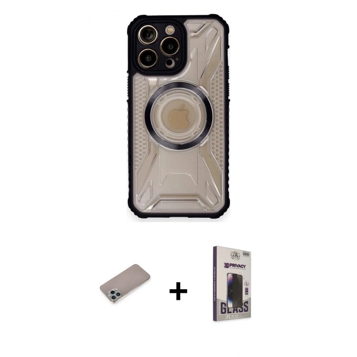 MARSİLYAN™- iPhone 12 Pro Max Kılıf Kutup Modern - Siyah Bilvis Hayalet Cam Ekran Koruyucu + Shine Kamera Lens Koruma Cam - SABE