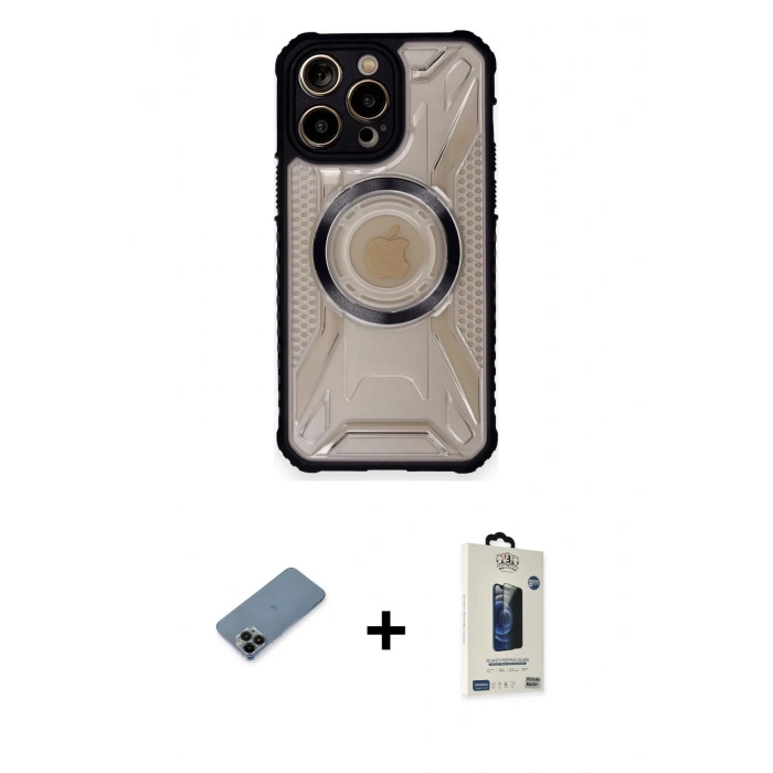 MARSİLYAN™- iPhone 12 Pro Max Kılıf Kutup Modern - Siyah Bilvis Hayalet Cam Ekran Koruyucu + Shine Kamera Lens Koruma Cam - SH