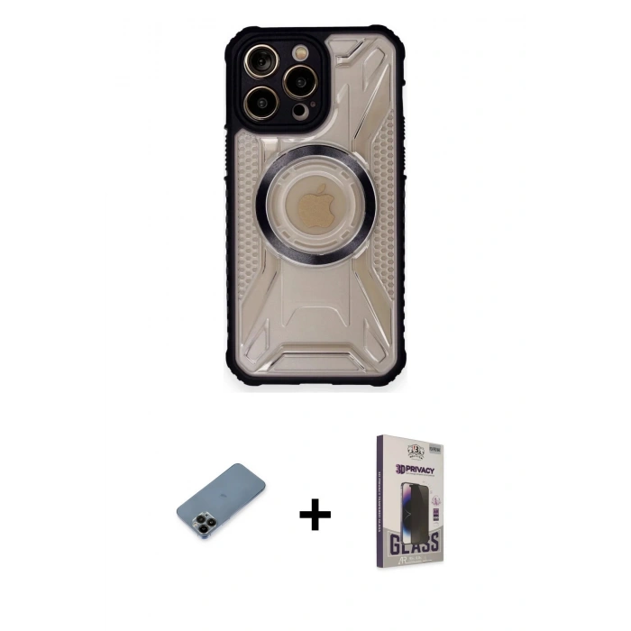 MARSİLYAN™- iPhone 12 Pro Max Kılıf Kutup Modern - Siyah Bilvis Hayalet Cam Ekran Koruyucu + Shine Kamera Lens Koruma Cam - SH