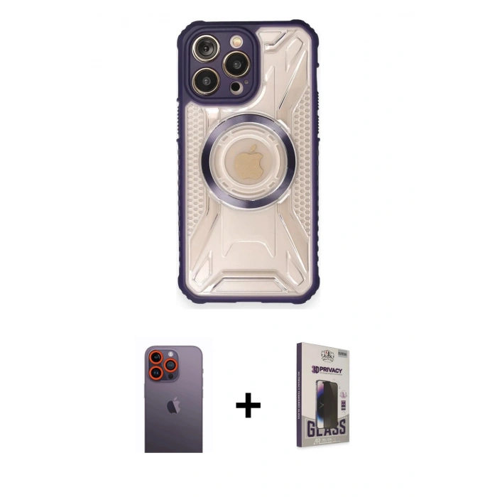 MARSİLYAN™- iPhone 12 Pro Max Kılıf Kutup Modern - Siyah Bilvis Hayalet Cam Ekran Koruyucu + Turuncu Neon Fosforlu Kamera Lens