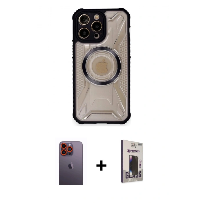 MARSİLYAN™- iPhone 12 Pro Max Kılıf Kutup Modern - Siyah Bilvis Hayalet Cam Ekran Koruyucu + Turuncu Neon Fosforlu Kamera Lens