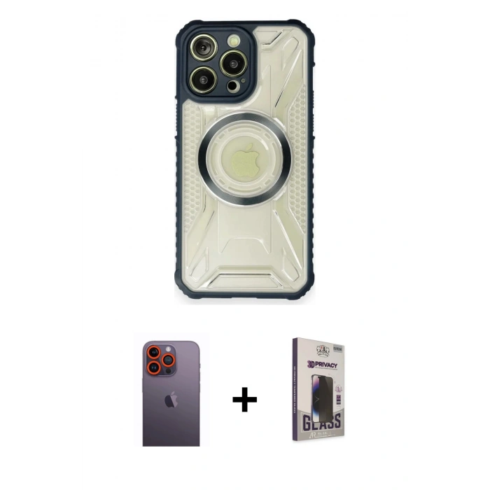 MARSİLYAN™- iPhone 12 Pro Max Kılıf Kutup Modern - Siyah Bilvis Hayalet Cam Ekran Koruyucu + Turuncu Neon Fosforlu Kamera Lens