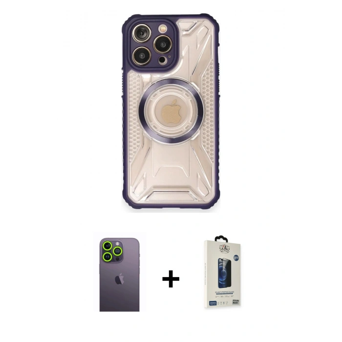 MARSİLYAN™- iPhone 12 Pro Max Kılıf Kutup Modern - Siyah Bilvis Hayalet Cam Ekran Koruyucu + Neon Fosforlu Kamera Lens - YL