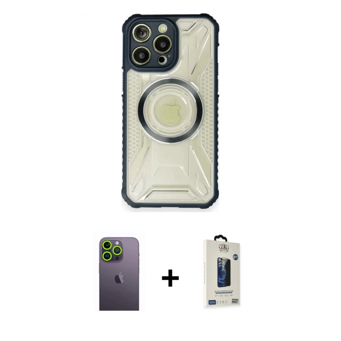 MARSİLYAN™- iPhone 12 Pro Max Kılıf Kutup Modern - Siyah Bilvis Hayalet Cam Ekran Koruyucu + Neon Fosforlu Kamera Lens - YL