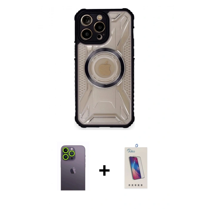 MARSİLYAN™- iPhone 12 Pro Max Kılıf Kutup Modern - Siyah Joko 5D Cam + Neon Fosforlu Kamera Lens - YL