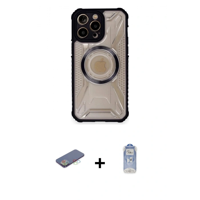 MARSİLYAN™- iPhone 12 Pro Max Kılıf Kutup Modern - Siyah Joko Magic 5D Cam + Mavi Renkli Kamera Lens Koruma Cam