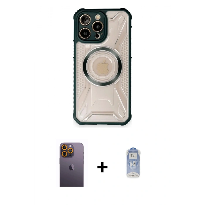 MARSİLYAN™- iPhone 12 Pro Max Kılıf Kutup Modern - Siyah Joko Magic 5D Cam + Neon Fosforlu Kamera Lens - SI
