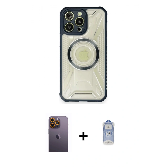 MARSİLYAN™- iPhone 12 Pro Max Kılıf Kutup Modern - Siyah Joko Magic 5D Cam + Neon Fosforlu Kamera Lens - SI