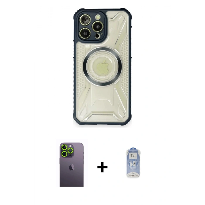 MARSİLYAN™- iPhone 12 Pro Max Kılıf Kutup Modern - Siyah Joko Magic 5D Cam + Neon Fosforlu Kamera Lens - YL