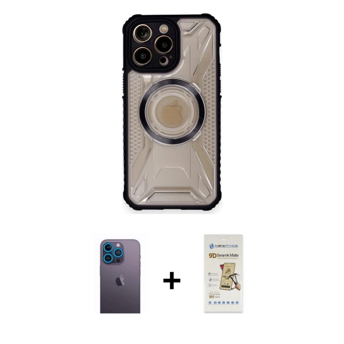 MARSİLYAN™- iPhone 12 Pro Max Kılıf Kutup Modern - Siyah Mat Seramik Nano Ekran Koruyucu + Neon Fosforlu Kamera Lens - MI
