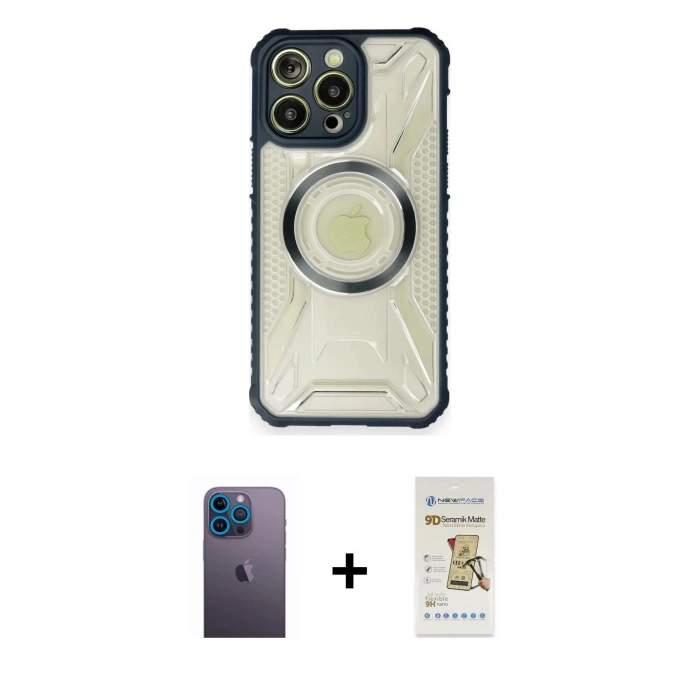 MARSİLYAN™- iPhone 12 Pro Max Kılıf Kutup Modern - Siyah Mat Seramik Nano Ekran Koruyucu + Neon Fosforlu Kamera Lens - MI