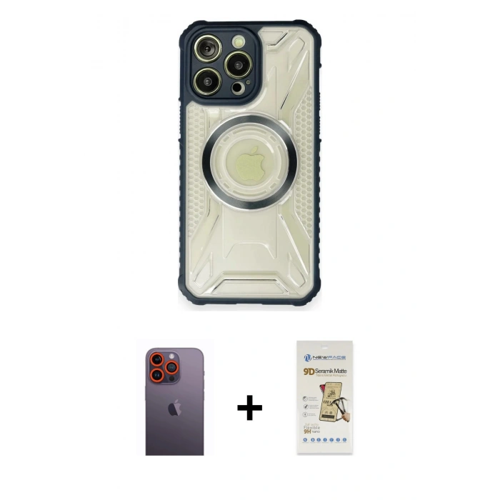 MARSİLYAN™- iPhone 12 Pro Max Kılıf Kutup Modern - Siyah Mat Seramik Nano Ekran Koruyucu + Neon Fosforlu Kamera Lens - TU