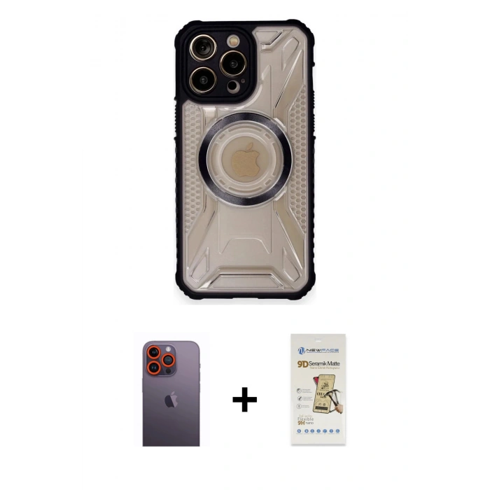 MARSİLYAN™- iPhone 12 Pro Max Kılıf Kutup Modern - Siyah Mat Seramik Nano Ekran Koruyucu + Neon Fosforlu Kamera Lens - TU