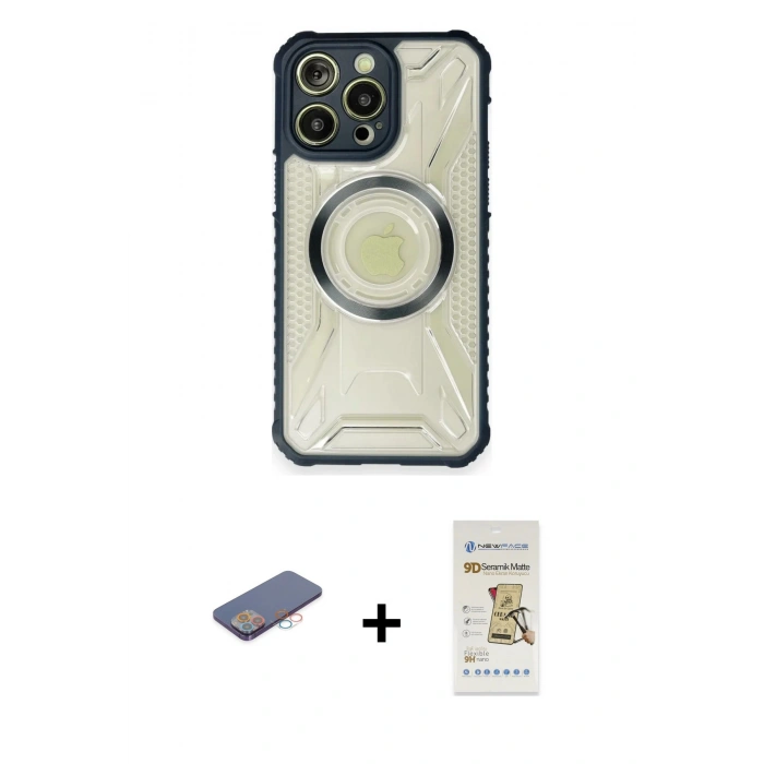 MARSİLYAN™- iPhone 12 Pro Max Kılıf Kutup Modern - Siyah Mat Seramik Nano Ekran Koruyucu + Renkli Kamera Lens Koruma Cam - PE