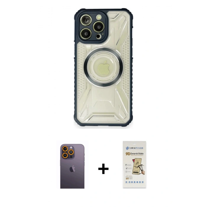 MARSİLYAN™- iPhone 12 Pro Max Kılıf Kutup Modern - Siyah Mat Seramik Nano Ekran Koruyucu + Neon Fosforlu Kamera Lens - SI