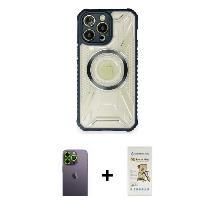 MARSİLYAN™- iPhone 12 Pro Max Kılıf Kutup Modern - Siyah Mat Seramik Nano Ekran Koruyucu + Neon Fosforlu Kamera Lens - YL