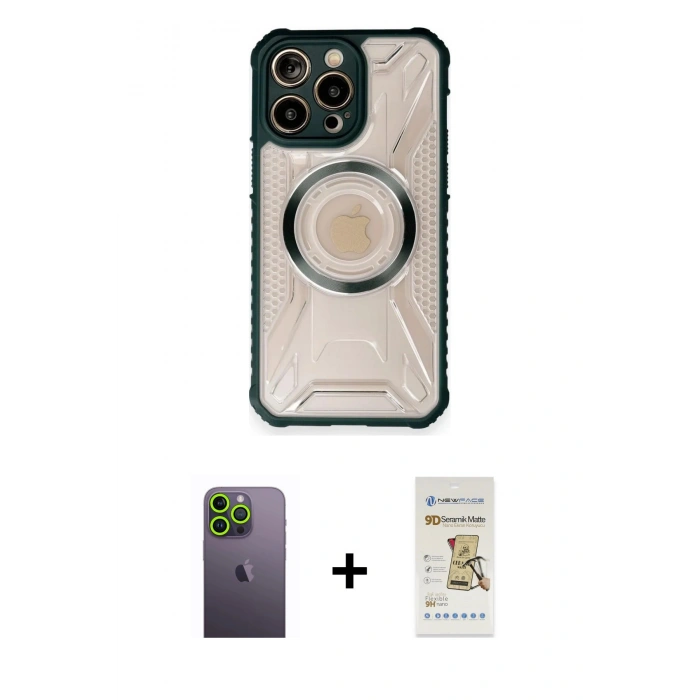 MARSİLYAN™- iPhone 12 Pro Max Kılıf Kutup Modern - Siyah Mat Seramik Nano Ekran Koruyucu + Neon Fosforlu Kamera Lens - YL