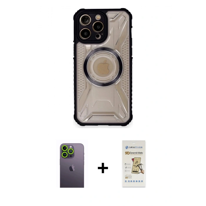 MARSİLYAN™- iPhone 12 Pro Max Kılıf Kutup Modern - Siyah Mat Seramik Nano Ekran Koruyucu + Neon Fosforlu Kamera Lens - YL