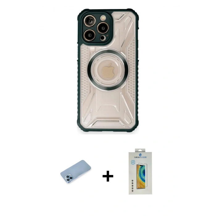 MARSİLYAN™- iPhone 12 Pro Max Kılıf Kutup Modern - Siyah Polymer Nano Ekran Koruyucu + Mavi Shine Kamera Lens Koruma Cam