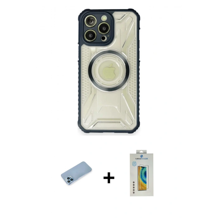 MARSİLYAN™- iPhone 12 Pro Max Kılıf Kutup Modern - Siyah Polymer Nano Ekran Koruyucu + Mavi Shine Kamera Lens Koruma Cam