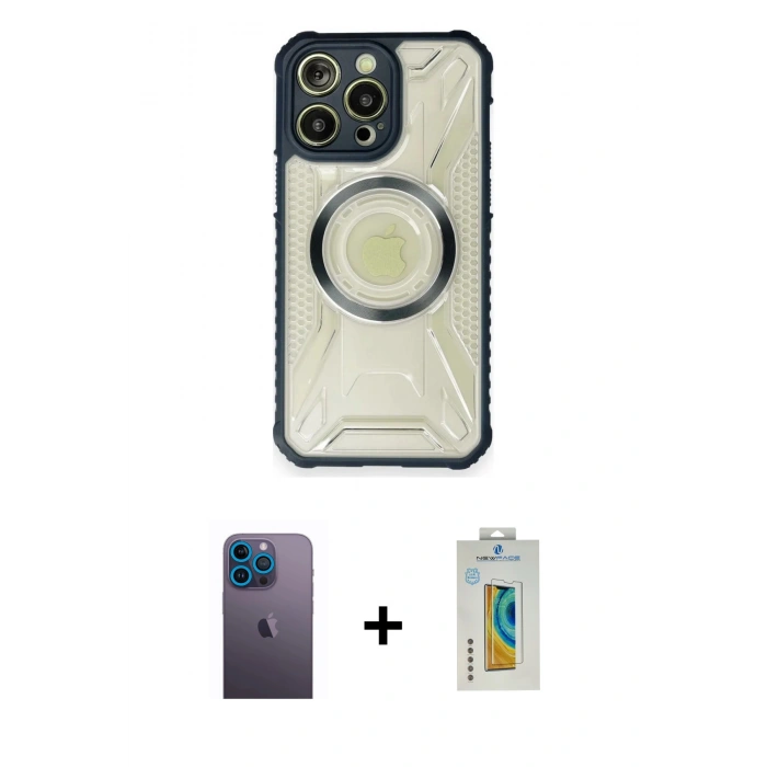 MARSİLYAN™- iPhone 12 Pro Max Kılıf Kutup Modern - Siyah Polymer Nano Ekran Koruyucu + Neon Fosforlu Kamera Lens - MI