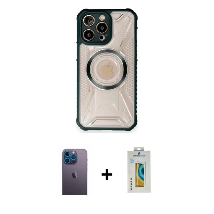 MARSİLYAN™- iPhone 12 Pro Max Kılıf Kutup Modern - Siyah Polymer Nano Ekran Koruyucu + Neon Fosforlu Kamera Lens - MI