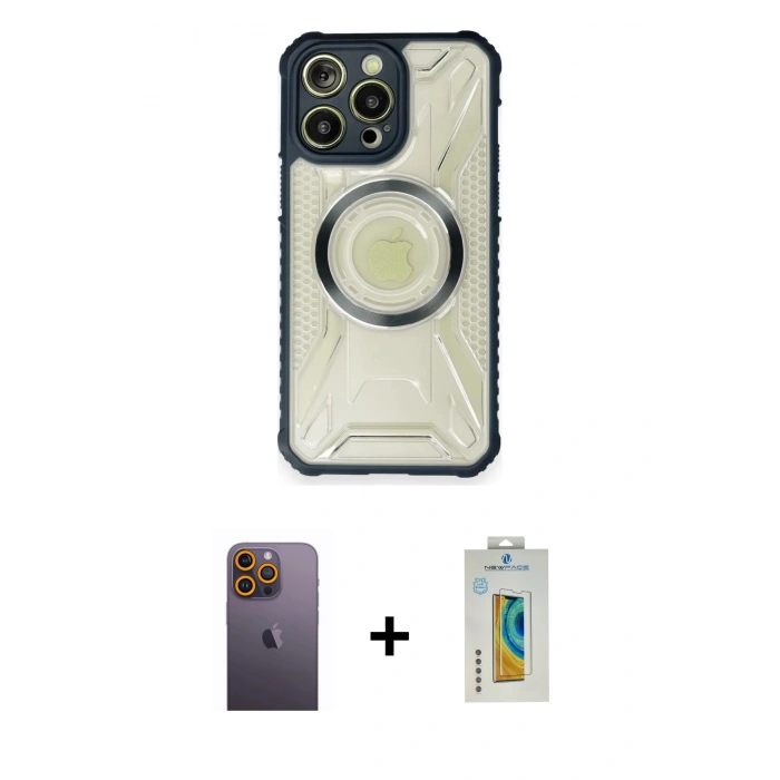 MARSİLYAN™- iPhone 12 Pro Max Kılıf Kutup Modern - Siyah Polymer Nano Ekran Koruyucu + Neon Fosforlu Kamera Lens - SI