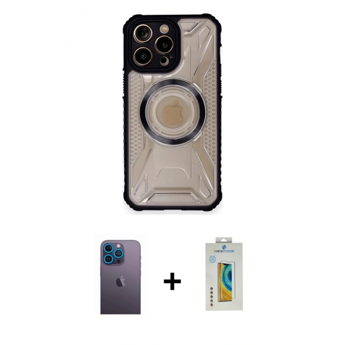 MARSİLYAN™- iPhone 12 Pro Max Kılıf Kutup Modern - Siyah Polymer Nano Ekran Koruyucu + Neon Fosforlu Kamera Lens - MI
