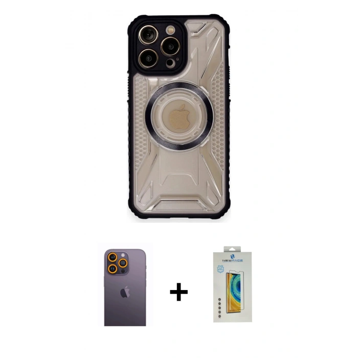 MARSİLYAN™- iPhone 12 Pro Max Kılıf Kutup Modern - Siyah Polymer Nano Ekran Koruyucu + Neon Fosforlu Kamera Lens - SI